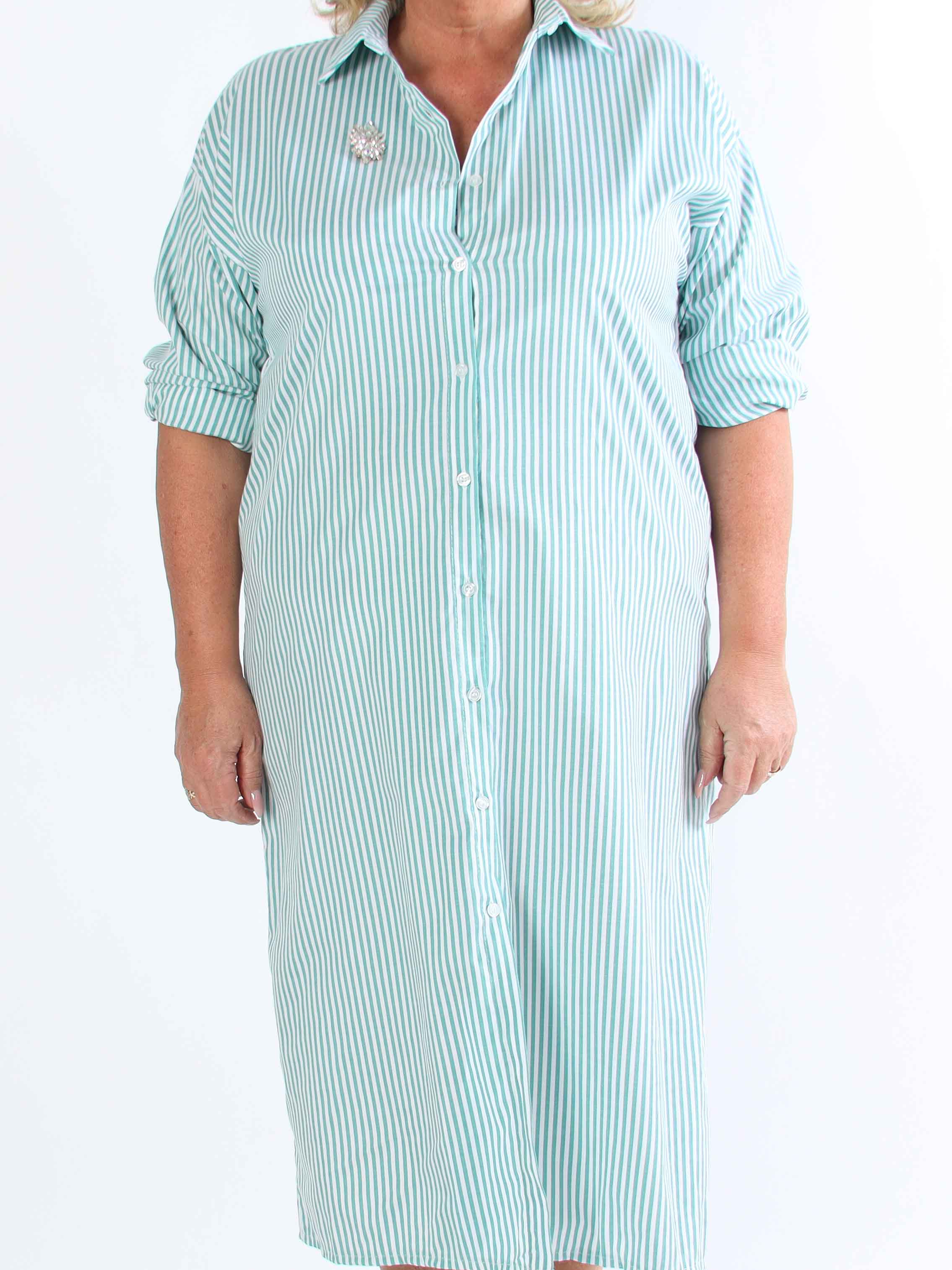 Raizal - Plus size randig skjortklänning i viskos med brosch